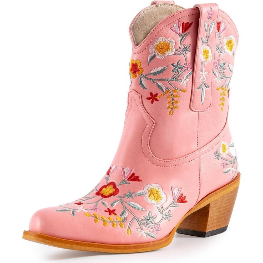 Women's Chunky Heel Ankle Snip Square Toe Flower Embroidered Western Pink Boot